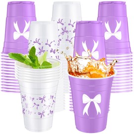 Jingmore 30 Pcs Violet Bow Plastic Cups 16 oz Coquette Cup Bow Disposable Cups in 2 Styles Bow Theme Birthday Party Supplies Coquette Party Decorations for Bridal Engagement Birthday Wedding