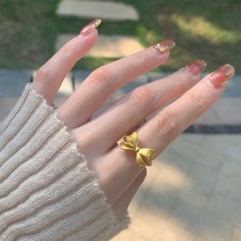 Aneneiceera Vintage Gold Bow Rings, Golden Bow Tie Rings Open Bow Finger Rings Adjustable Bow Knuckle Ring Metal Band Ring Hand Jewelry for Women, Zinc, No Gemstone