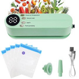 Mini Vacuum Sealer, Portable 60 KPA Film Sealer with 3 Temperature Levels, 5 Bags, 1 Inflator Adapter and 1 Air Extraction Adapter for Snack Preservation and Food Storage (Green)