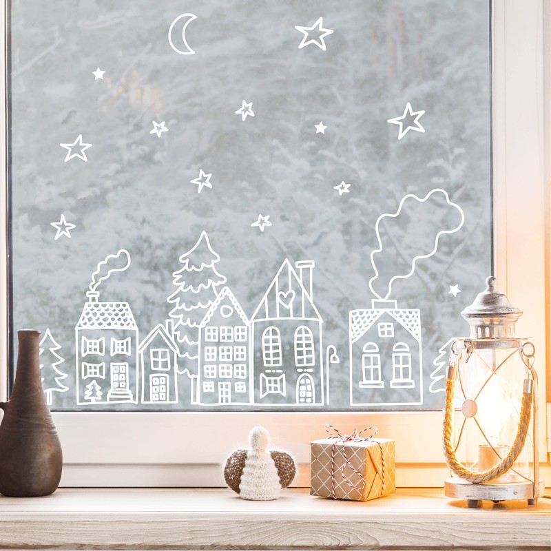 Reusable Window Sticker Christmas Winter City Skyline 1st A4 Sheet