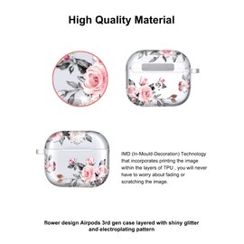 JIAXIUFEN Case for AirPods 3 Case Clear Cover Gold Glitter Flower Design Cute Protective TPU Skin Accessories for Women Girl with Keychain for Airpods 3rd Generation Case, Rose Pink