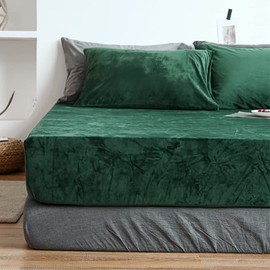 Michorinee Warm Fleece Fitted Sheet, Cashmere Feel, Cuddly Fluffy Plush Flannel, Fitted Sheet for Mattresses incl. Box Spring Bed Mattresses up to 30 cm High, 160x200 cm, Dark Green