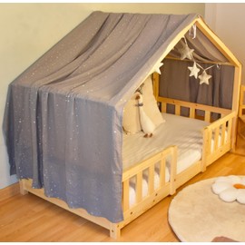 YellowNest House Bed Canopy - 100% Cotton - Bed Canopy House Bed Made of Muslin for Bed 90 x 190 and 140 x 200 cm - with Bunting Children's Room Star (Grey Bunting Star, 130 x 400 cm)