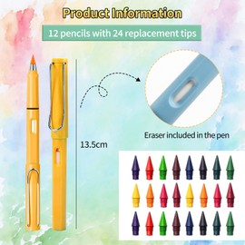 Swify Magic Pencil Set, 12 Pieces Eternal Inkless Pencil with Built-in Eraser and 24 Replacement Tips, Reusable, No Sharpening, Gift for Children
