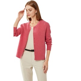 PHYLIN LEAF 100% Cashmere Women's Cable Knit Cardigan Sweater Long Sleeve Crew Neck Warm Button Down (Large, Rose Pink)