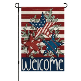 4th of July Garden Flag 12x18inch Independence Day Leaf Welcome Garden Flag for Outside Double Sided Patriotic American Stars and Stripes Blue Red Star Memorial Day Decorations Linen Yard Flag (Independence01)