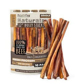 Mighty Paw Naturals Bully Sticks for Small & Medium Dogs - Grass Fed Beef Chews. Bully Sticks for Large Dogs. Lower Odor Stick Treat. Single Ingredient (12" - 10 Pack)