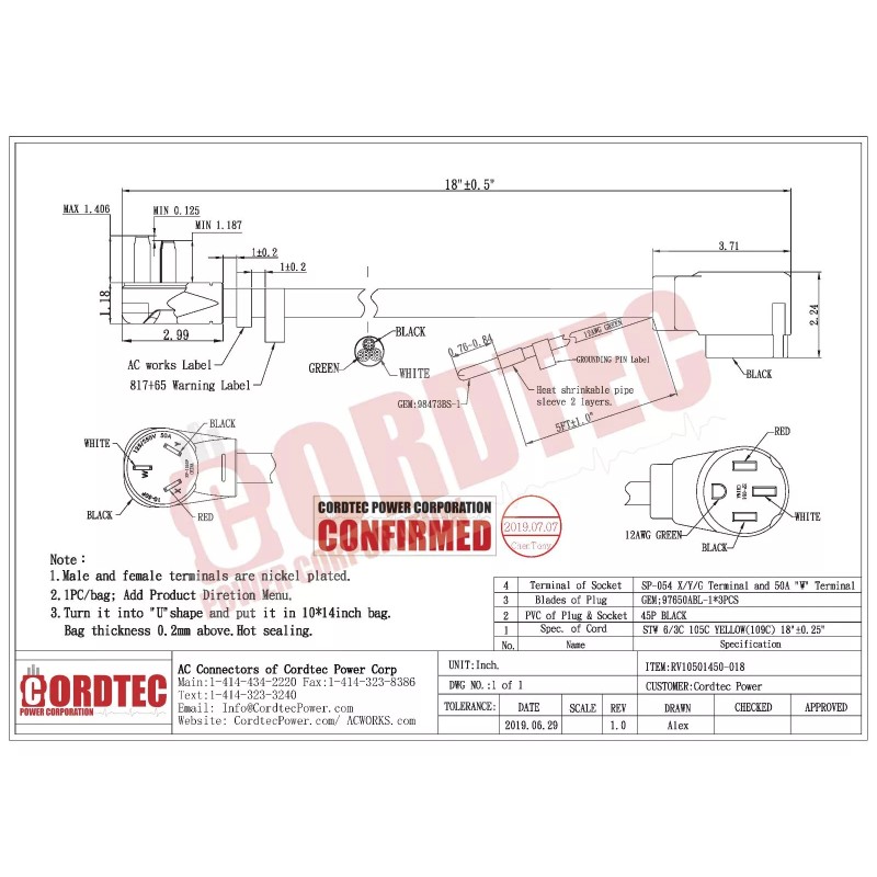 AC WORKS® 50 Amp NEMA 10-50P to NEMA 14-50R Flexible