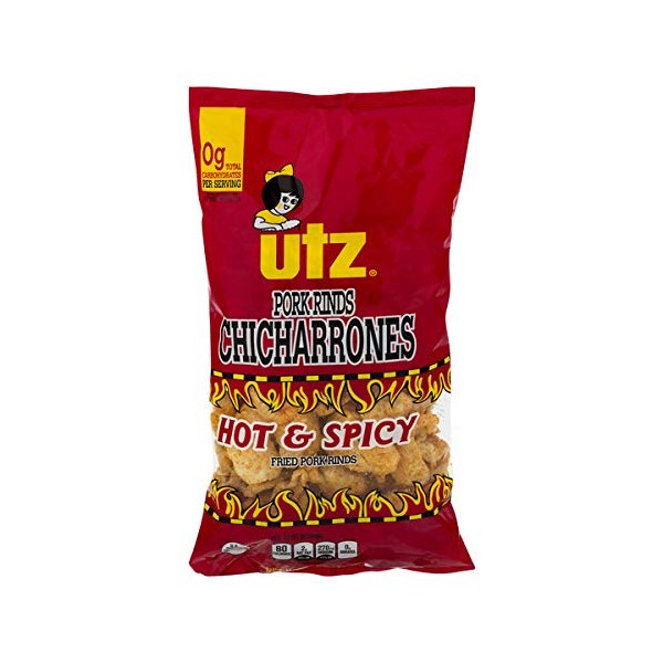 Utz Pork Rinds, Hot and Spicy Flavor - Keto Friendly Snack with Zero Carbs per Serving, Light and Airy Chicharrones with the Perfect Amount of Salt, 5 Ounce (Pack of 12)