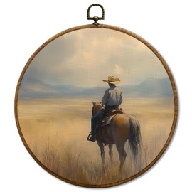 JUIOEIU Western Cowboy Round Wall Decor, Vintage Cowboy Framed Canvas Prints, Retro Rustic Western Wall Art Hanging Decorations for Home Bedroom Living Room Decor, 10x10in