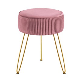 GERANT Multifunctional Vanity Stool,Modern Vanity Stools for Makeup Room,Velvet Round Ottoman Footrest Stool with Metal Legs, Upholstered Pleated Vanity Chair Stool for Living Room,Offices (Pink)
