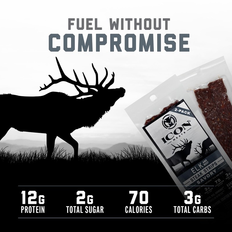 ICON Meats Elk and Beef Jerky Steak Strips - Savory