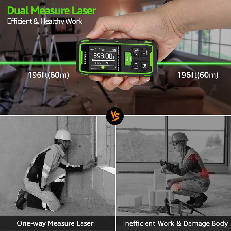 Huepar Dual Laser Measuring Tool, 393Ft Green-Beam Bilateral Digital Laser