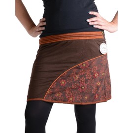 Vishes - Alternative Clothing - Printed and Embroidered Cotton Skirt with Flowers and Trouser Pockets, brown