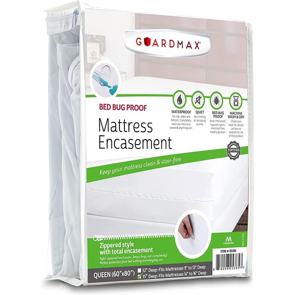 Guardmax Zippered Mattress Encasement - Queen Size - 100% Waterproof and Bed Bug Proof Mattress Protector - Mattress Cover is Soft, Breathable, and Hypoallergenic. (60 X 80 X 16)