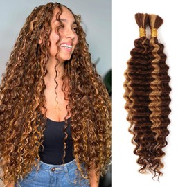 Boho Braids Human Hair Extensions 100g 2 Bundles No Weft Human Braiding Hair for Knotless Braids Wet and Wavy Deep Wave Bulk Human Hair For Women (P4/27#, 16 Inch(50g/Bundle x2))