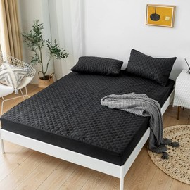 jejeloiu Black Quilted Mattress Pad, 100% Waterproof Breathable Twin Bedding Fitted Sheet Mattress Protector 14" Deep Pocket Cotton Snow Down Alternative Filling Mattress Cover (Twin,Black)