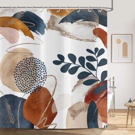 ASDCXZ Boho Shower Curtain 180 x 180 cm, Modern Abstract Art Dark Blue Leaves Brown Beige Graffiti Bathroom Washable Shower Curtain Polyester Textile Waterproof Shower Curtains for Bath with 12 Hooks