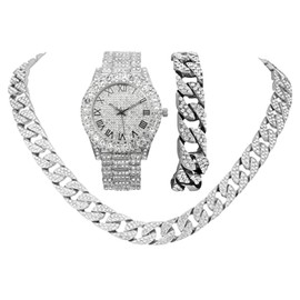 Ice on Blast! Bling'ed Out Hip Hop Rolly Looks w/Ice on Watch & Jewelry -Your Choice of Matching Zig Zag Bling'ed Out Necklace Set or Necklace & Bracelet Set - ZZ Sets (ST10327RN SILVER BLK R#)