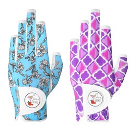 Golf Gloves Women Right Handed Golfer Left Hand Fingerless with Ball Marker Value 2 Pack, Premium Stylish Glove for Ladies Enhance Your Swing with Comfort and Style (Purple&Blue, Small, Left)