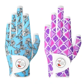 Golf Gloves Women Right Handed Golfer Left Hand Fingerless with Ball Marker Value 2 Pack, Premium Stylish Glove for Ladies Enhance Your Swing with Comfort and Style (Purple&Blue, Small, Left)