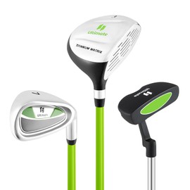 ULTIMATE Kids Golf Clubs Set, 3 Pieces Junior Practice Golf Clubs for Boys and Girls - Includes 165CC #3 Fairway Wood, #7 Iron, Putter & Head Cover, Right Handed (Green, Age for 8-10)