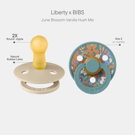 BIBS Liberty Pacifier | 2 Colour Natural Rubber Latex Soothers | Size 2 (6-18 Months) BPA Free Dummy Pacifier | Round Nipple | Designed & Made in Denmark | June Blossom Vanilla Hush Mix