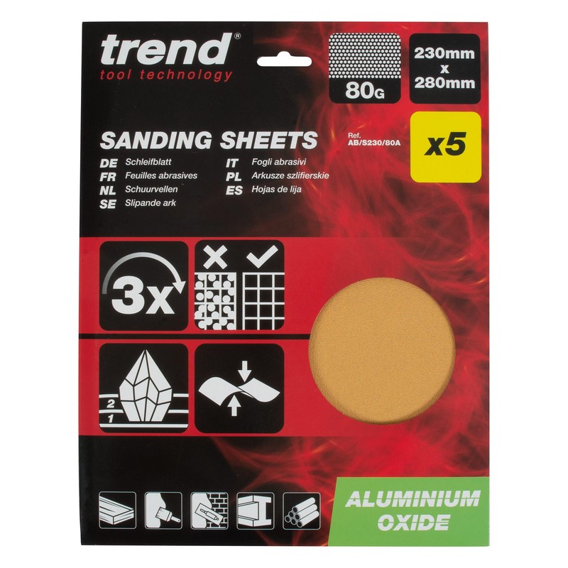 Trend Aluminium Oxide Sanding Sheets, 80 Grit, 230mm x 280mm,