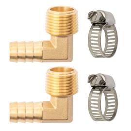 SUNGATOR Brass Hose Barbed Elbow Fitting, 90 Degree 3/8'' Barb x 3/8" NPT Male Elbow Fitting with 2 Hose Clamps, 3/8 Inch Barb to 3/8 Inch NPT Elbow Adapter (2 PCS)
