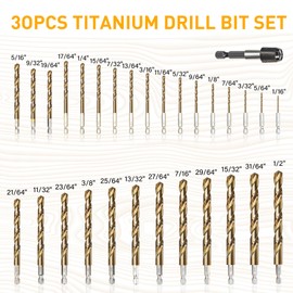 ROGAPER 30 PCS Titanium Impact Drill Bit Set, Hex Shank Drill Bit Set for Wood, Steel, Metal, and Plastic with Quick Change Design, HSS Titanium Twist Drill Bit with Storage Case, 5/64" to 1/2"