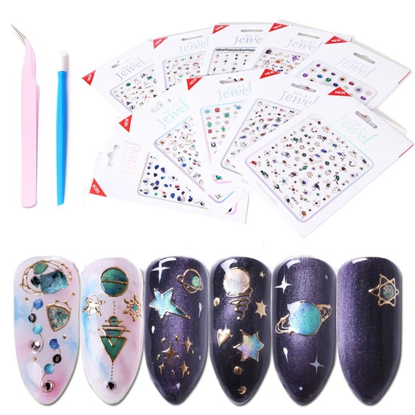 Luxury Nail Stickers Set-10 Sheets Colorful Nail Art Stickers in Different Crystal Gem Bronzing Shapes,3D Self-Adhesive Nail Decals for Nail Art DIY+1 Pcs Tweezers+1 Pcs Pressing Stick