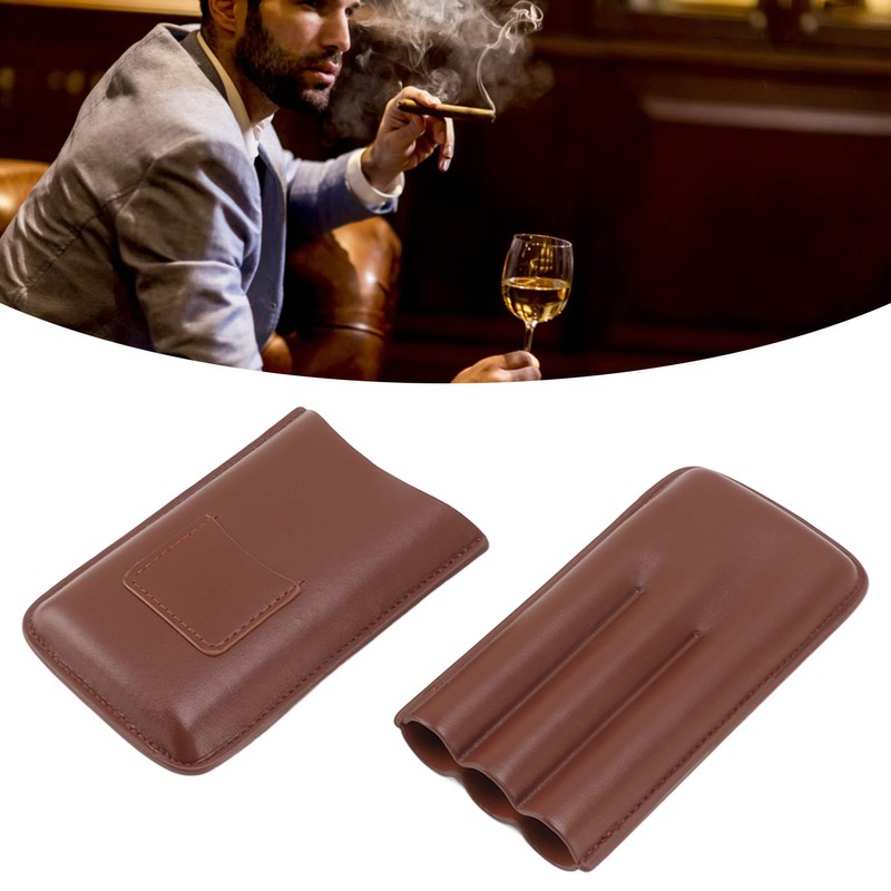 Leather Cigar Case Portable 3 Finger Cigar Humidor Carrying Case