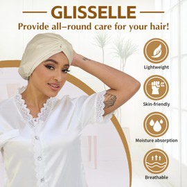 GLISSELLE Adjustable Silk Satin Sleep Bonnet for Curly & Long Hair - Double Layer Hair Wrap Cap for Women Night Turban for Braids (Champagne Color)