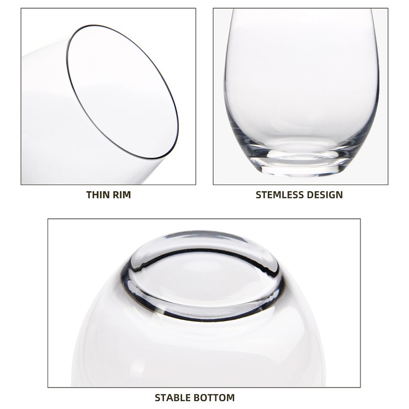 FAWLES Stemless Wine Glasses Set of 12, 15 Ounce Smooth