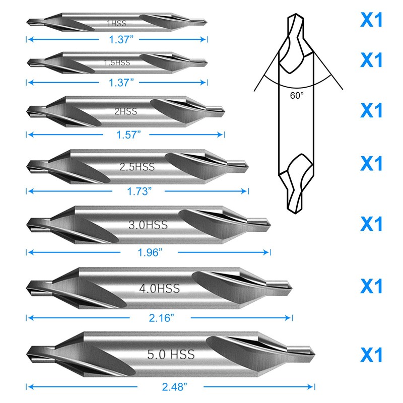 7 Pieces Center Drill Bits Set, M2 High Speed Steel