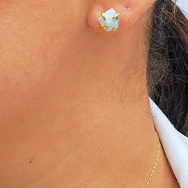 Natural raw larimar stud earrings with yellow gold over 925 sterling silver, 6 to 7mm rough genuine quality birthstone gift for her, Uniquelan Jewelry (larimar)