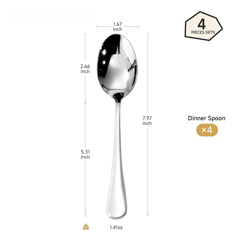 HIKAA 4-Piece Dinner Spoons Set, 8-Inch 18/10 Stainless Steel Spoons,