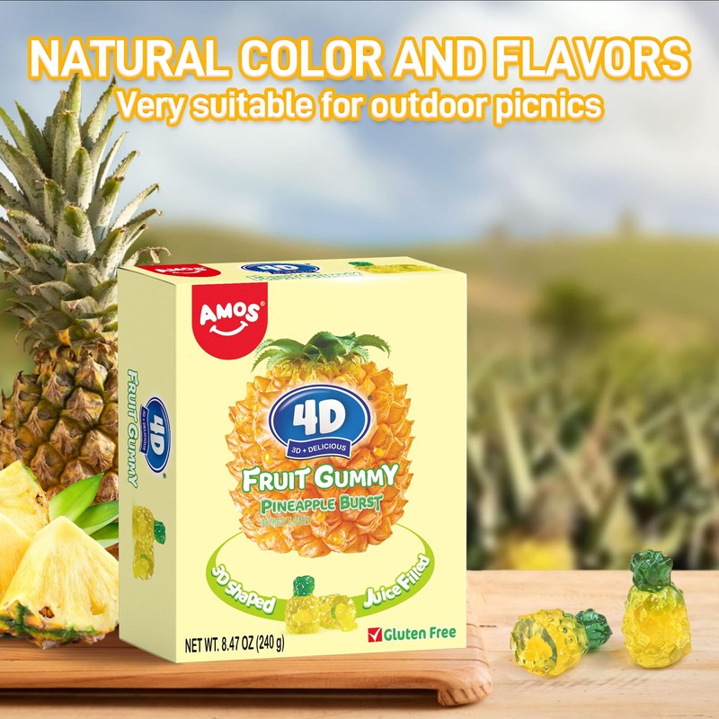 AMOS 4D Fruit Gummy Candy, Pineapple Burst, 8.47 oz Box