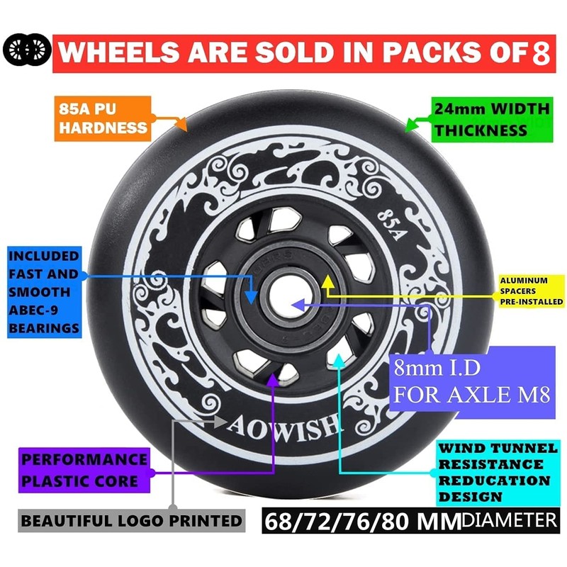 AOWISH Inline Skate Wheels 85A Outdoor Asphalt Formula Hockey Roller