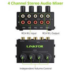 LiNKFOR 4 Channel Stereo Audio Mixer CX400 Metal Shell Support RCA Input and Output Mini Passive Stereo Mixer with Separate Volume Controls