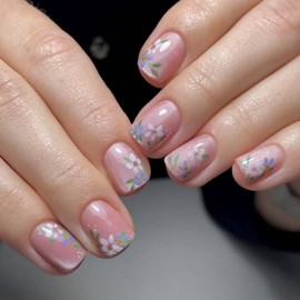 Flower Press on Nails Extra Short Square MABKJLF Pink Fake Nails Blue White Floral False Nails with Designs Full Cover Glossy Glue on Nails Summer Spring Acrylic Nails for Women Girls 24 Pcs