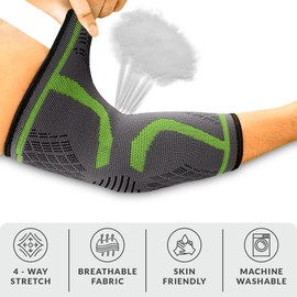 360 RELIEF Elbow Support for Men, Women, Kids, 1 Pack Compression Elbow Sleeve for Tennis, Golfers Elbow, Sports, Fitness, Gym, Weightlifting, Medium, Green + Laundry Bag