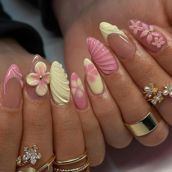 FNKFNK Flower Press on Nails Medium Almond Fake Nails with