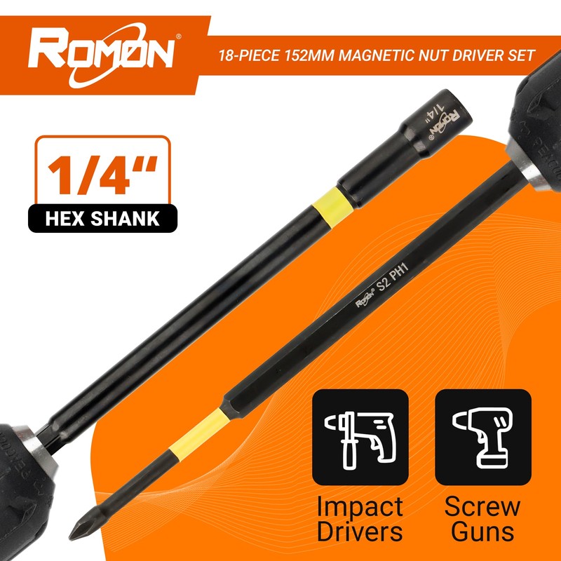 18-Piece Long Magnetic Nut Driver Set for Impact Drill, SAE