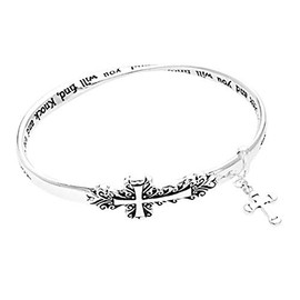 Rosemarie Collections Women's Chic Burnished Silver Tone Religious Christian Cross Inspiration Twist Bangle Charm Bracelet, 2.5" (Sideways Cross)