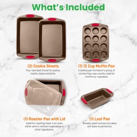 NutriChef 6-Piece Baking Pan Set - PFOA, PFOS, PTFE Free Flexible Nonstick Golden Coating Carbon Steel Bakeware - Professional Home Kitchen Bake Cookie Sheet Stackable Tray w/Red Silicone Handles