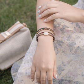 FANCY SHINY Crystal Beaded Leather Wrap Bracelet Stackable Boho Jewelry for Women Trendy Braided Resin Stone Bangle Cuff with Magnetic Clasp(Brown)