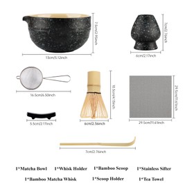 7 Piece Matcha Set, Macha Tea Set with Matcha Spoon, Whisk Holder, Bamboo Matcha Whisk, Shovel, Strainer, Matcha Accessories Traditional Japanese Tea Ceremony Best Gift for Lovers, Speckled Black