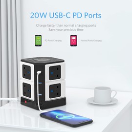 [New Version]BESTEK USB C PD 20W 8 Way 4000J Surge Protection Power Tower Extension Lead Cord, 8 Gang Power Strip Socket Plug with Type-C Slots & 2 USB Ports, 1.8m/3250W (Black)
