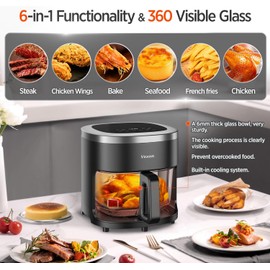 Vexon 6-IN-1 Glass Air Fryer,4.5QT Air Fryer with Viewing Glass Pot, Air Fry, Roast, Reheat, Dehydrate, Air Crisp Technology,Nonstick & Dishwasher Safe Basket,97% Less Oil,Features Digital Timer